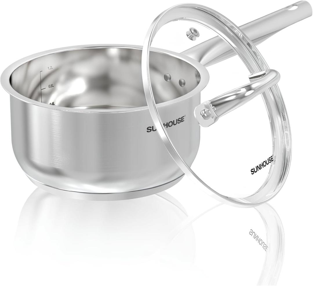 SUNHOUSE 1.5 Quart Stainless Steel Sauce Pan with Lid - PFOA-FREE, Stainless Steel Sauce Pan, Induction base, Stay-Cool Handle, Compatible with All Cooktops Gas, Geramic, Electric etc.