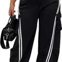 HuiSiFang Women's Striped Pants Casual High Waisted Straight Leg Baggy Pants Cargo Wide Leg Sweatpants (Large, Black)