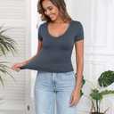 PALINDA V Neck Slim Fitted Shirts for Women Basic Casual Short Sleeve T Shirts Going Out Tops Sexy Y2K Tees (Blue, XL)