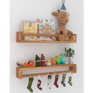 24 Inch Nursery Floating Shelves, Nursery Book Shelves for Wall, Wall Bookshelf for Kids Solid Wood Wall Mounted Shelves for Books,Toys and Decor Storage, Set of 2 (Dark Brown)