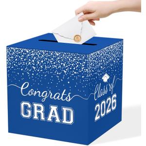 WNINK Graduation Card Box, 2026 Graduation Party Decorations, Foldable Money Card Boxes & Gift Card Boxes Holder, Blue & Silver Foil Design for Grad Parties