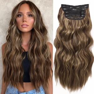 Brown Clip in Hair Extensions 4PCS Medium Brown Mixed Honey Blonde Highlight Hair Extensions Clip ins for Women 20 Inch Long Wavy Curly Hair Extension