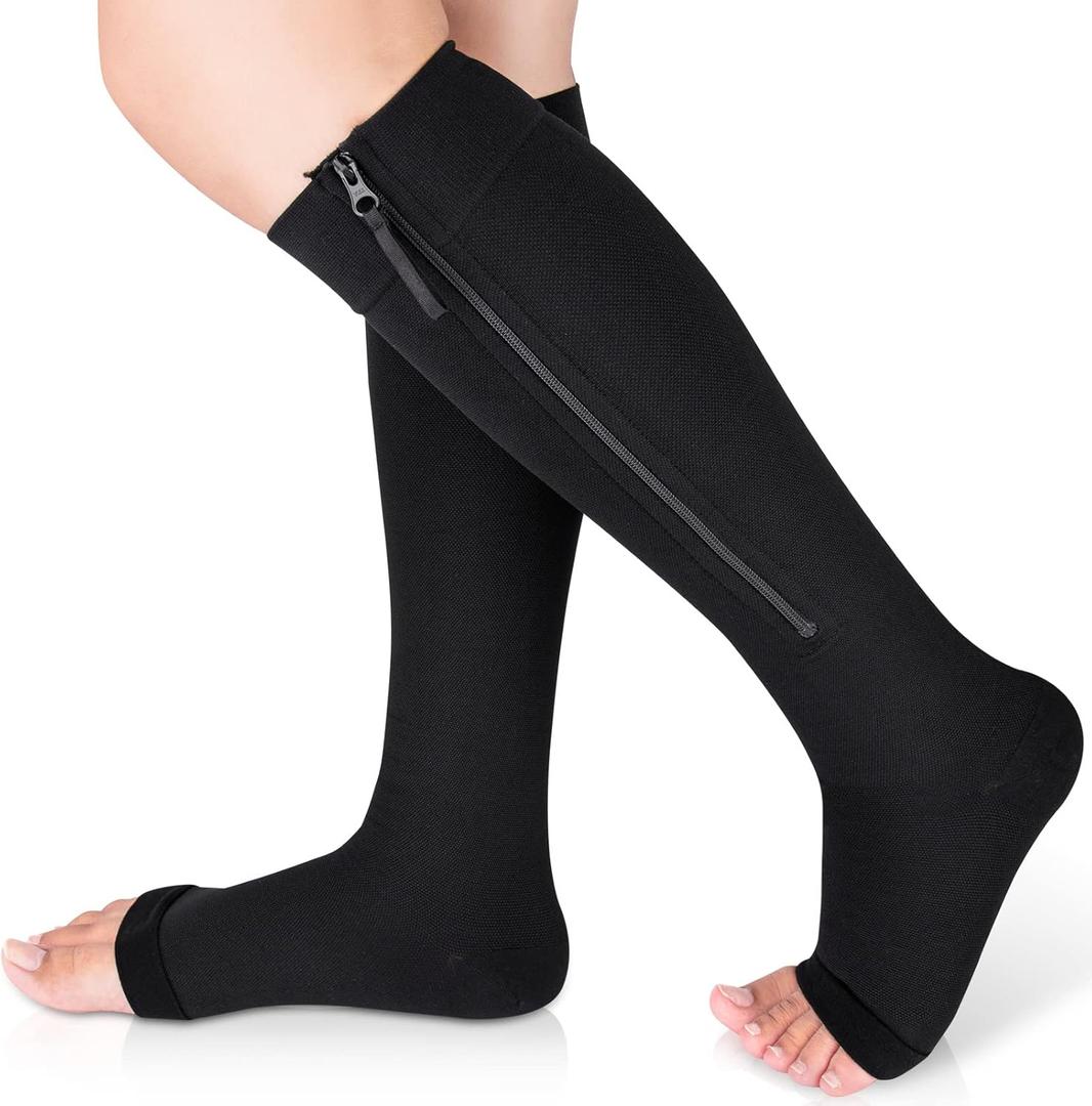 Ailaka Medical Compression Socks with Zipper, Knee High 15-20 mmHg Compression Socks for Women Men, Open Toe Support Socks for Varicose Veins, Edema, Recovery, Pregnant, Nurse (2X-Large (1 Pair), Black)