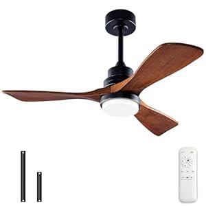 BOJUE 42 Inch Black Ceiling Fans with Lights and Remote,Dimmable LED Light,Quite Reversible DC Motor,Memory Function,Modern Solid Wood Indoor Outdoor Ceiling Fan with Light for Office Patios