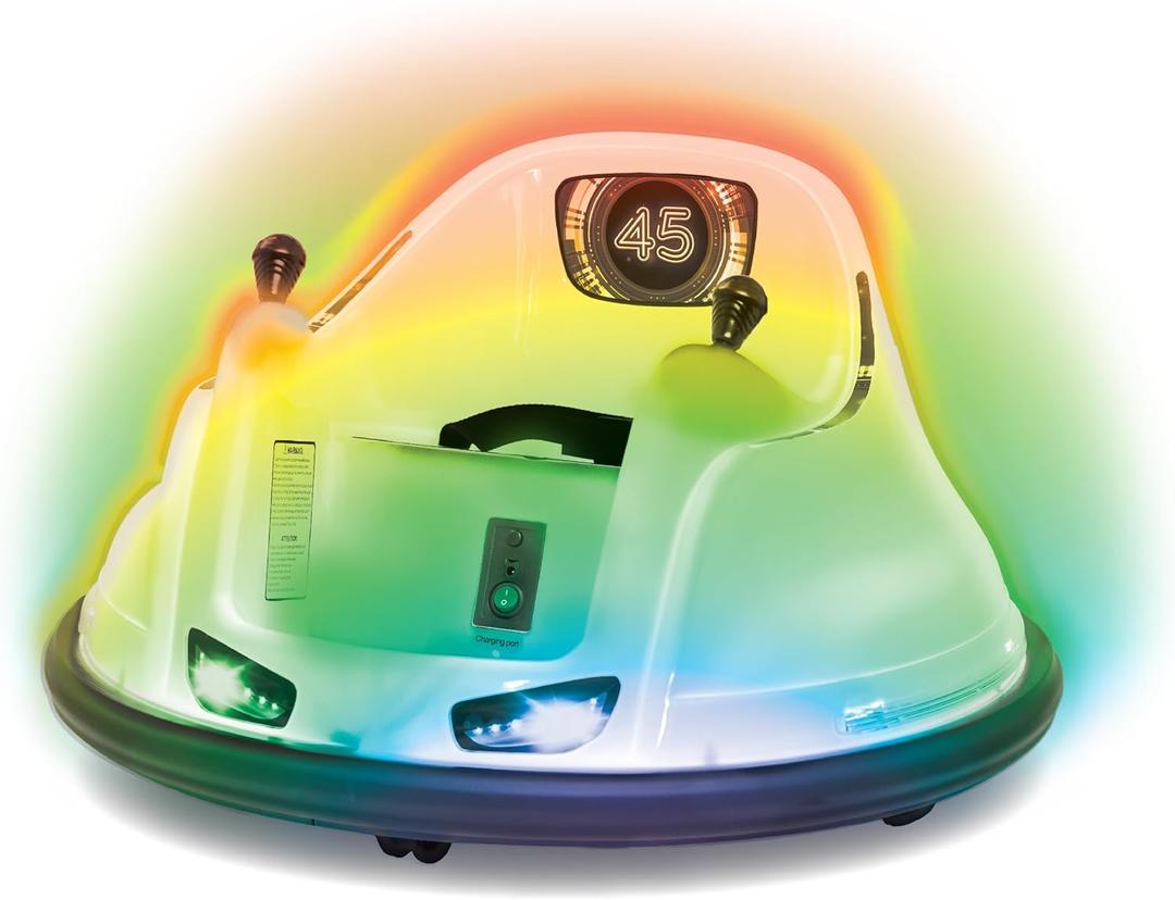 Flybar 6V White Glow Bumper Car for Kids  LED Ride-On Toy with 360 Spin, Rechargeable Battery, and Soft Rubber Bumpers  Safe Indoor Fun for Toddlers Ages 1.5+, Up to 66 lbs