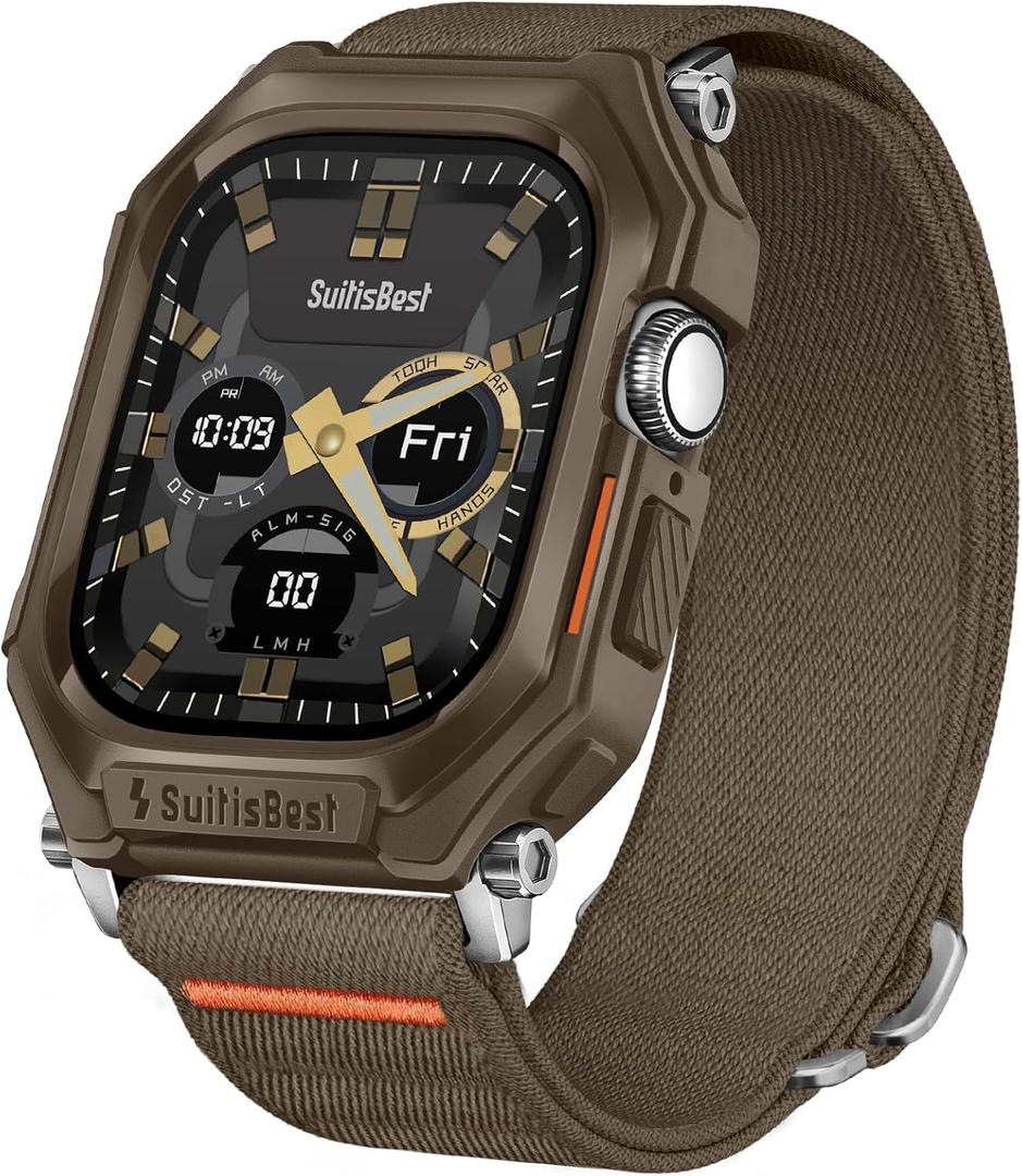 Suitisbest Stretchy Nylon Band Compatible with Apple Watch 49mm 46mm 45mm 44mm with Rugged Case Protective Cover, for Apple Watch Ultra 2/ Series 10/9/8/7/6/5/4/SE, Durable iWatch Strap for Men Women