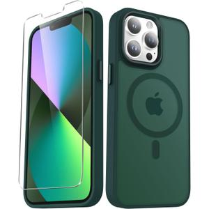 YENAPOON for iPhone 13 Pro Case, Matte Magnetic Phone Case with 1 Screen Protector, Support for Magsafe, Translucent Frosted Slim Shockproof Protective Cover for iPhone 13 Pro 6.1 inch, Dark Green