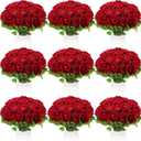 Jexine 100 Pieces Artificial Roses Flowers Bulk, Long Stem Realistic Fake Silk Roses Bouquet for Table Centerpiece Vases Wedding Party Kitchen Decor(Wine Red)