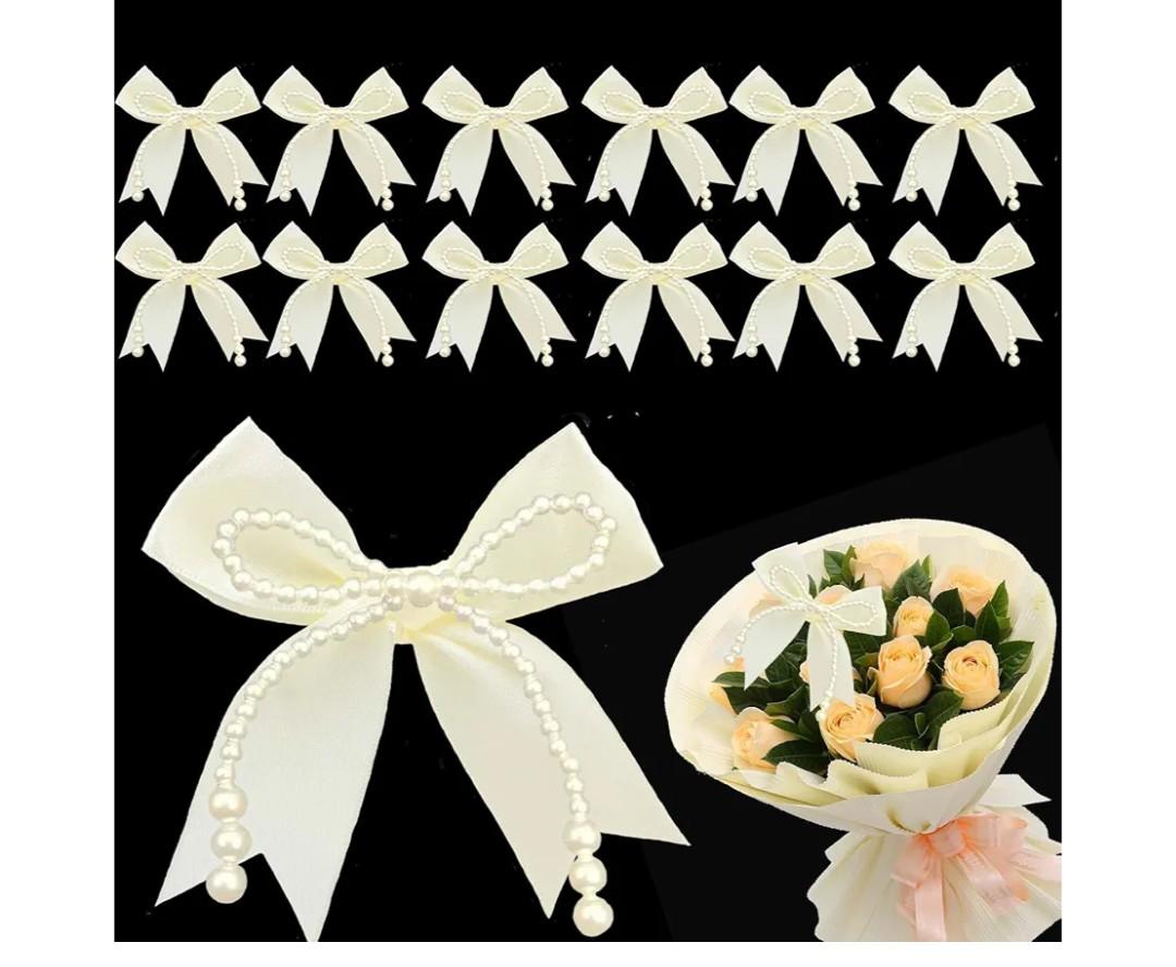 12 Pcs Pearl Bows for Bouquets White Pearl Bow Cake Toppers Decorations Satin Ribbon Bowknot for Flower Toppers DIY Craft Birthday Wedding Bridal Shower Engagement Bouquets Accessories