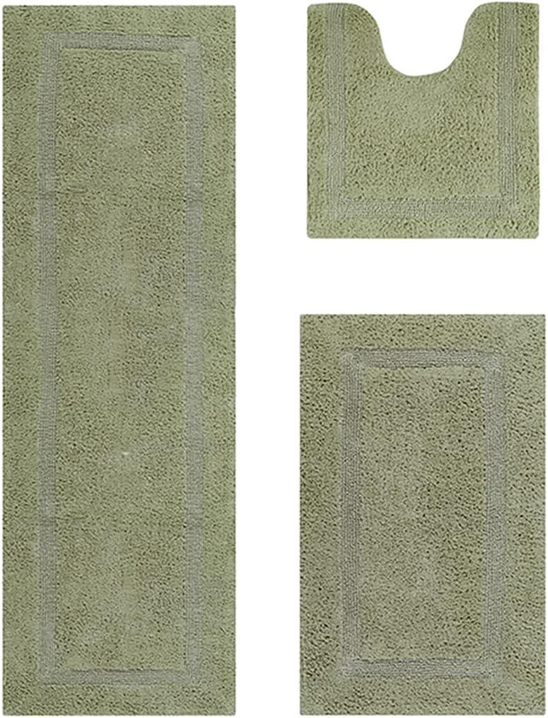 Better Trends 3 Piece Bathroom Rug Set Sage Rectangle, Contour, Runner Bathmat Reversible Soft, Cotton Rugs Absorbent Machine Washable for Bathroom Floor Decor, Bathtub Toilet Base Lux Collection