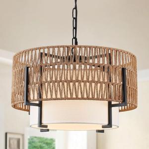 4-Light Boho Rattan Chandelier, 18" Rattan Pendant Light with Fabric Shade, Farmhouse Boho Hanging Chandelier for Dining Room, Living Room, Kitchen Island, Bedroom, Hallway, Foyer