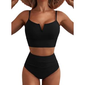 Herseas High Waisted Bikini Sets for Women - V Wire Two Piece Swimsuits Swim Suits 2026 Tummy Control Bathing Suit (Black, M)