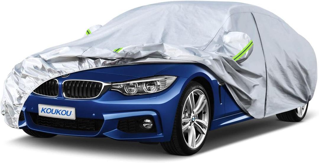 KouKou 6 Layers Car Cover Waterproof All Weather for Automobiles, Outdoor Full Exterior Covers Universal Fit BMW 3 Series 328i 330i, Toyota Corolla,Honda Civic,Chevy Cruze etc.(178 to 185 inches) (silver)