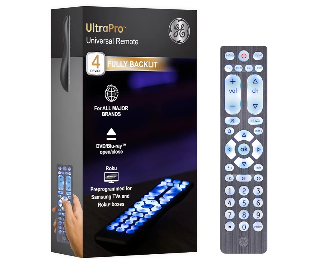 GE Universal Remote for Seniors, Elderly and Visually Impaired, Simple Use, Smart TV Compatible, 4 Device, Backlit, Brushed Graphite 71262