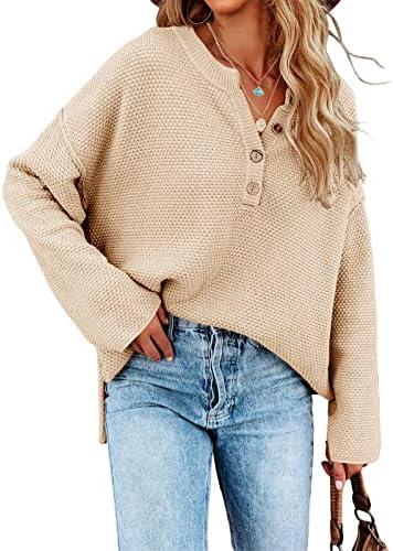 Saodimallsu Women's Oversized Sweaters Batwing Long Sleeve Loose V Neck Button Henley Tops Pullover Knit Jumper, Beige, L