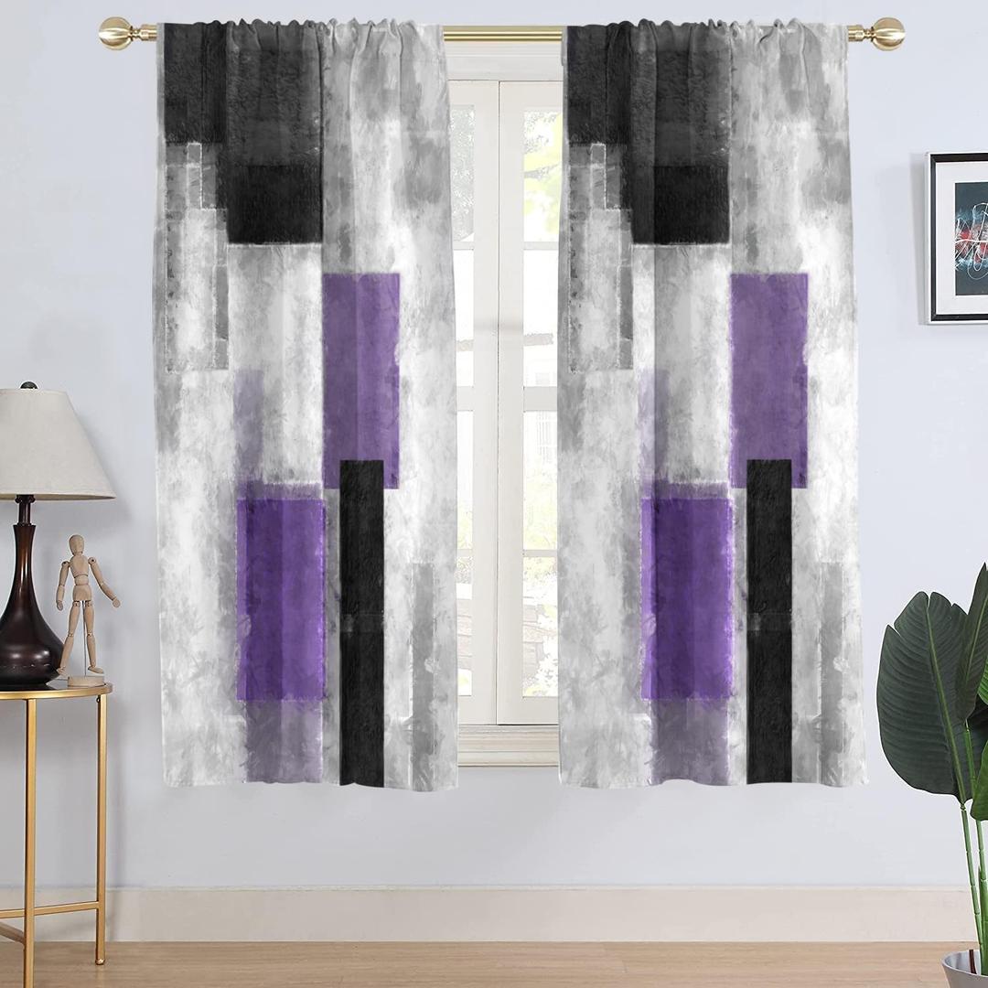 AAtter Purple Grey and Black Window Curtain Abstract Gray White Lavender Geometric Lilac Violet Silver Living Room Bedroom Window Drapes Treatment Fabric 1 Pair Home Decor, 52" W x 63" L, Modern (52"W x 63"L (Pack of 2), Purple)