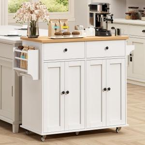 Kitchen Island with Storage, 35.4" Rolling Kitchen Island Cart on Wheels with 2 Drawers&Doors, Portable Kitchen Island Cart with Spice Rack&Towel Rack for Small Spaces Dining Room, White