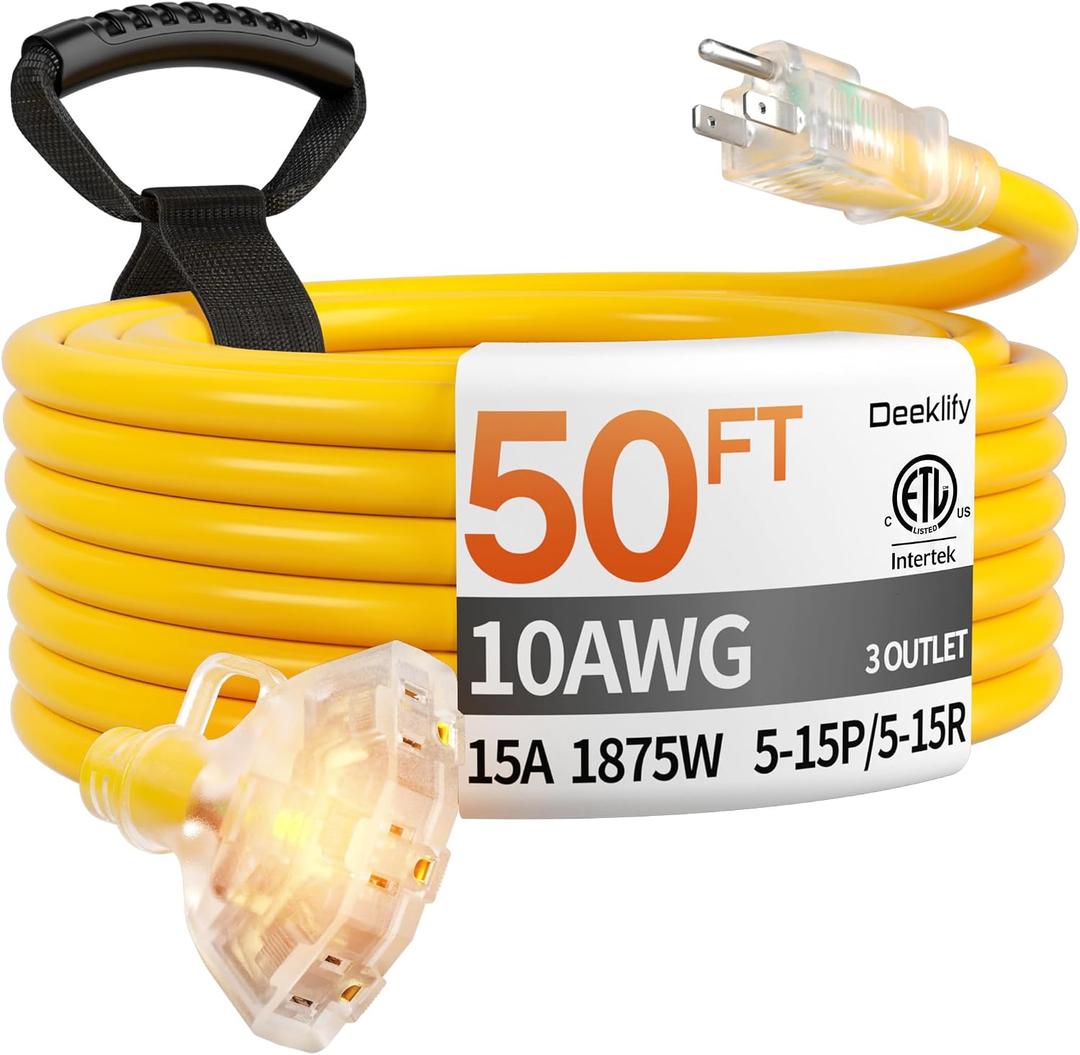 50 ft 10 Gauge Heavy Duty 3 Outlet Extension Cord Splitter with Indicator, Waterproof Outdoor Extension Cord with Multiple Outlets, 15A 1875W for Workshop, ETL Listed, Flexible Yellow SJTW