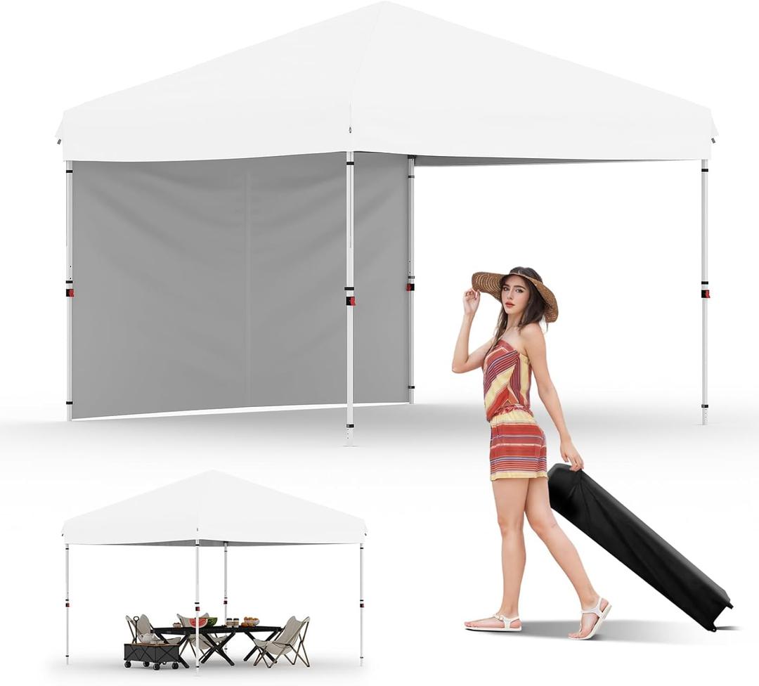 10x10 Pop Up Canopy, GarveeLife Heavy Duty Canopy Tent with One-Button Push Setup, Portable Roller Bag and 1 Sidewall, Pop Up Canopies with Adjustable Height and 4 Weight Bags (White, 10x10 1sidewall)