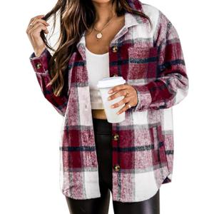 Blansdi Womens Flannel Shacket Plaid Button Down Long Sleeve Shirts Jacket Coats Fall Outfits Fashion Clothes 2025 (Small, Wine)