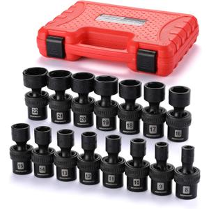 MIXPOWER 15-piece 3/8" Drive Shallow Universal Impact Socket Set, 6 Point, Metric, 8-22mm, CR-MO, Swivel Socket With Flexible Wobble