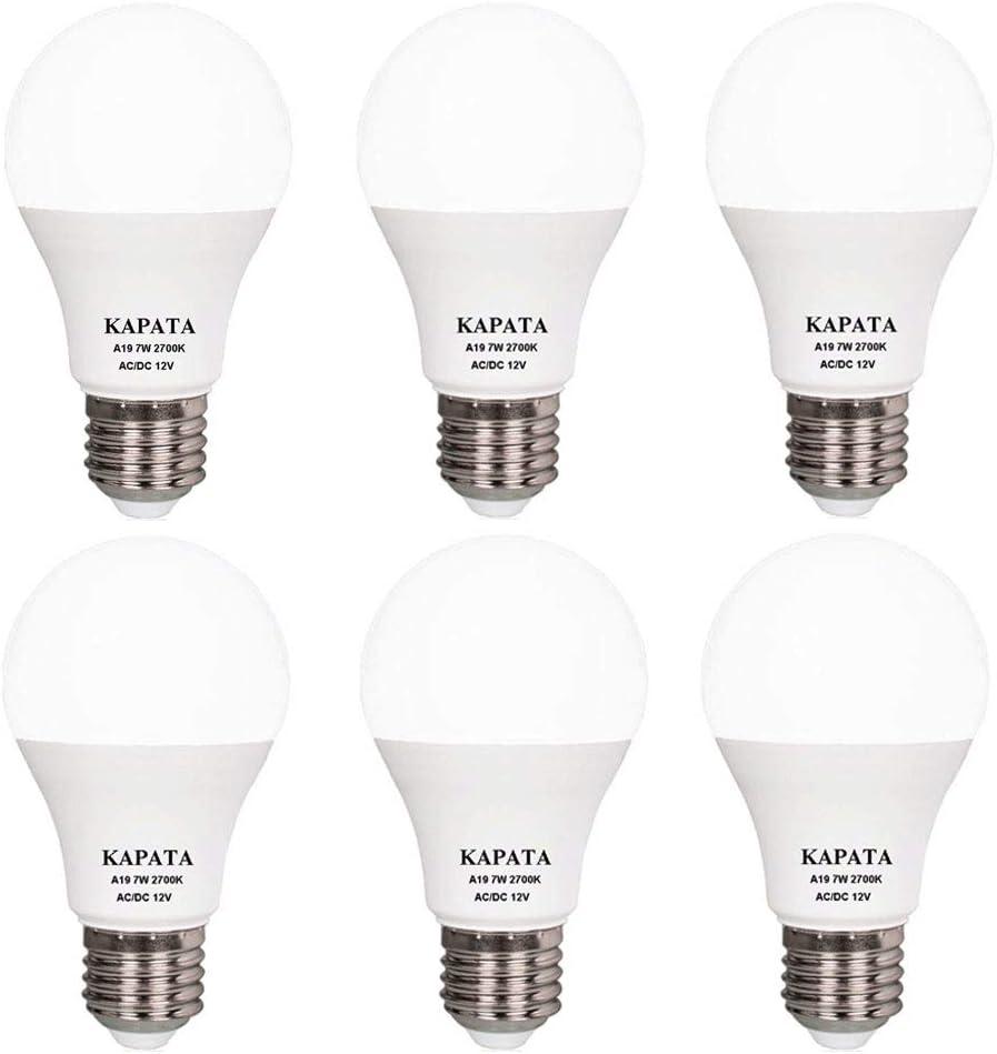 12V A19 LED Light Bulb Soft White 2700K 60 Watt Halogen Equivalent A19 Bulbs E26 Screw Base , for RV , Boat , Camping , Outdoor Solar Powered Lighting , Off Grid Lighting Application , 6-Pack