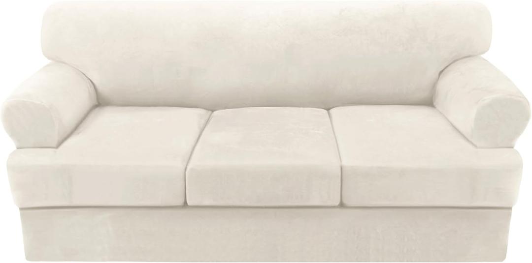 H.VERSAILTEX Sofa Cover 4 Piece T Cushion Sofa Slipcovers Couch Cover Furniture Protector Stretch T Cushion Sofa Covers for 3 Cushion Couch with 3 Individual T Cushion Covers, Ivory