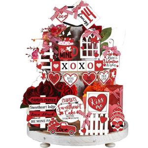 Ferraycle 24 Pcs Valentine's Day Tiered Tray Decorations Farmhouse Gnome Heart Wooden Valentines Day Table Sign with String Rustic Tiered Tray Decorations for Home Decor