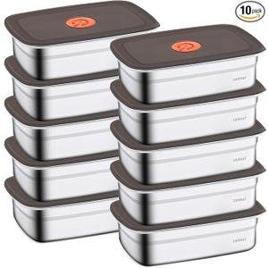 10 Pack Stainless Steel Food Storage Containers with Leak-Proof Lids, 34oz Reusable Metal Meal Prep Lunch Boxes, Stackable, BPA-Free, Dishwasher Safe for Snacks, Fruits & On-the-Go Meals