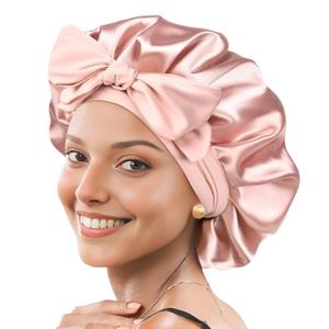 FURTALK Satin Silk Bonnet for Women Double Layer Satin Lined Hair Bonnet Night Sleep Cap for Curly Hair with Tie Band Pink (One Size)