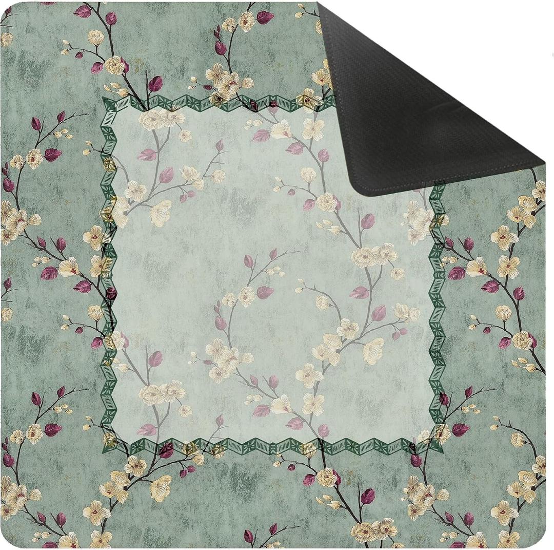 Vintage Green Chinoiserie Floral Bird Mahjong Mat for Table 31.5 x 31.5 in, Gifts for Mahjong Players, Oriental Chinese Plum Blossom Anti-Slip Table Cover Tablecloth for Poker Board Card Game