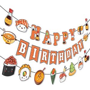Sushi Happy Birthday Banners - 3PCS Sushi Garland Banners Japanese Sushi Party Decorations Japanese Sushi Party Supplies Sushi Theme Birthday Party