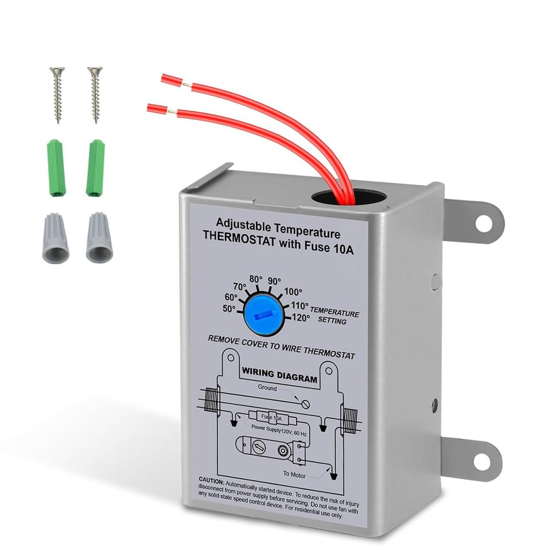 Attic Fan Thermostat Control Temperature Switch Adjustable 50-120F 10A Fuse Protection for Gable Greenhouse Garage Vent Exhaust Fans for Lomanco Lomancool 2000/1800 Series F0510B2944 F0510B2497