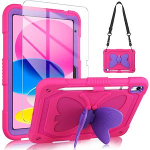 VOFUOE for iPad 10th Generation Case for Kids Girls 2022 10.9 for iPad A16 Case 11th Generation 2025 with Screen Protector Shoulder Strap Butterfly Wings Stand Pencil Holder Rugged Cover-Rose Red