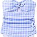 Floerns Girl's Gingham Print Ruched Cut Out Knot Front One Piece Swimsuit (Blue and White) 11-12Y