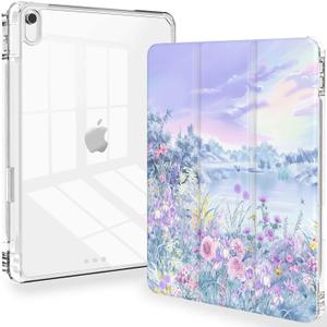 Feams for iPad A16 11th Generation 11 Inch Case 2025, iPad 10th Generation 10.9 Inch 2022, Slim Clear Back Cover with Pencil Holder & Auto Sleep, Purple Garden