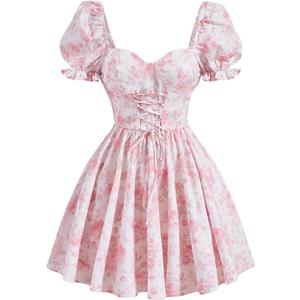 WDIRARA Women's Floral Print Sweetheart Neck Puff Sleeve Dress Lace Up Flared A Line Dress Multicolor Large