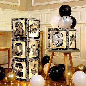 Woanger 44 PCS Graduation 2026 Box Decoration - Congrats Grad Party Box Set with LED Light Strings & Balloon Proud of You Party Supplies for Class of 2026 School College(Black and Silver)