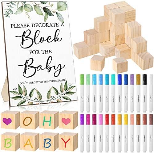 Tatuo 75 Pcs Baby Shower Games Sign Kit Including Decorate a Block Game Sign 50 DIY Wooden Block 24 Acrylic Paint Marker Baby Shower Prize for Gender Reveal Party(Greenery)