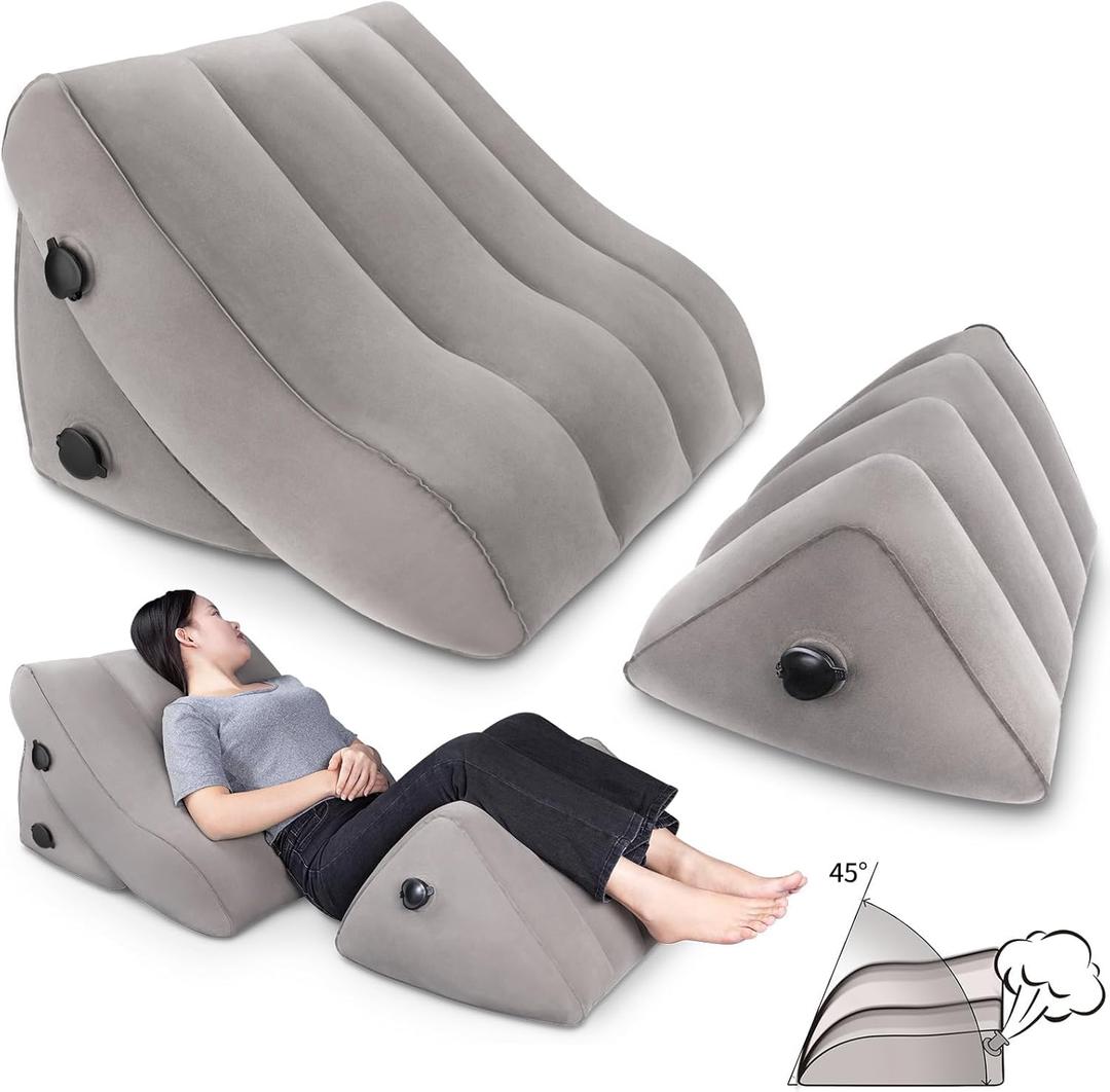 SAHEYER Inflatable Bed Wedge Pillow Set, 2 PCS Post Surgery Support Pillow for Back, Knees, Leg Pain Relief, Adjustable Sitting Pillows for Anti Snoring, Heartburn, GERD Sleeping - Gray