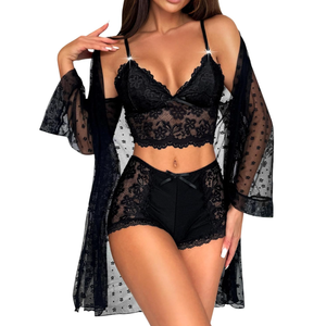 RSLOVE Women Sexy Lingerie Set - 3 Piece Lace Bra and Panty Sets with Mesh Kimono Robe Nightgown Sleepwear, M