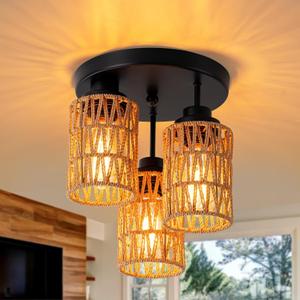 Boho Ceiling Light Fixture, 3-Light Rattan Semi Flush Mount Ceiling Light Fixture with Hand-Woven Shade Rattan Light Fixture Ceiling Mount for Bedroom Hallway Entryway
