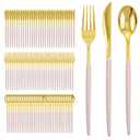 I00000 300 Pack Gold Silverware with Pink Handle, Pink Plastic Utensils Set, Disposable Cutlery include100 Forks, 100 Knives, 100 Spoons,Plastic Cutlery Set for Wedding & Party