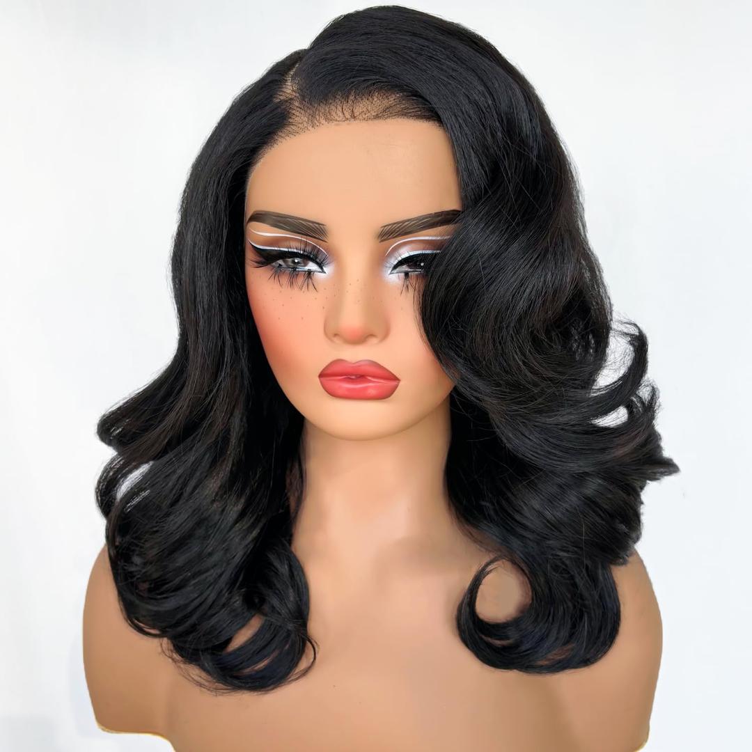 SOKU 13X6 Body Wave Lace Front Wigs Pre Layered, 18 Inch Short Wavy Glueless Wigs Pre Plucked, Natural Black Synthetic Lace Front Wigs for Women, Ready to Wear with Tiny Knots