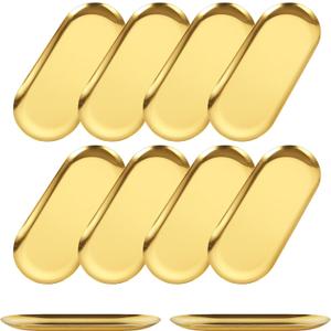 10PCS Stainless Steel Serving Tray Set Gold Platters for Serving Food Extra Small Metal Trays Decorative 7" Long Plate Oval Storage Trays Thickened Serving Dishes for Party Buffet Sushi Snack