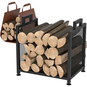 VyGrow Firewood Rack for Indoor, Heavy Duty Fire Wood Racks Holder, 17.32" Metal Wood Storage Log Holder with Leather Carrier, Small Firewood Stand for Fireplace Patio Deck, Black