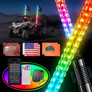 Ehaho 2PCS 2FT Whip Lights for UTV ATV with Spring Base, Tripled Brighter Led Whip Light W/Rocker Switch & 6 Flags, Spiral Chasing Lighted Antenna Whip with APP & Remote Control for RZR SXS Can-Am