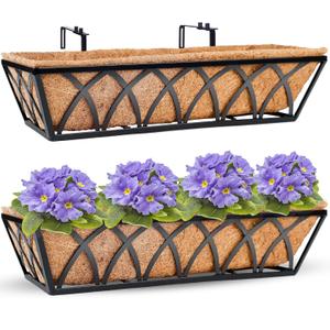 HFHOME 24 inch Window Deck Rail Planter Including Coco Liner, 24" Dia Window Box Horse Trough with Coconut Coir Liners, Black Metal Hanging Flower Planter Basket for Indoor Outdoor Lawn - Set of 2