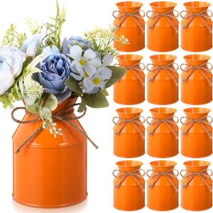 Domensi 10 Pcs Farmhouse Metal Flower Vase Wedding Decor Bulk Rustic Galvanized Milk Can Jug Vase with Bow Flower Bucket for Table Centerpiece Valentine Home (5.12 Inch,Orange)