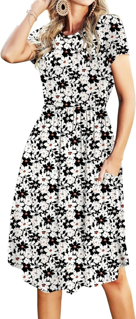 Simier Fariry Womens Summer Modest Work Casual Midi Knee Dress Pocket Short Sleeve Teacher Outfits Spring Travel Clothes (L)